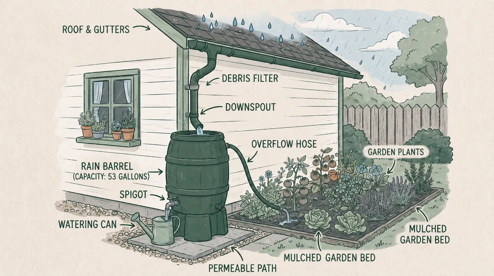 Covered rain barrel connected to a home downspout with a safe overflow hose