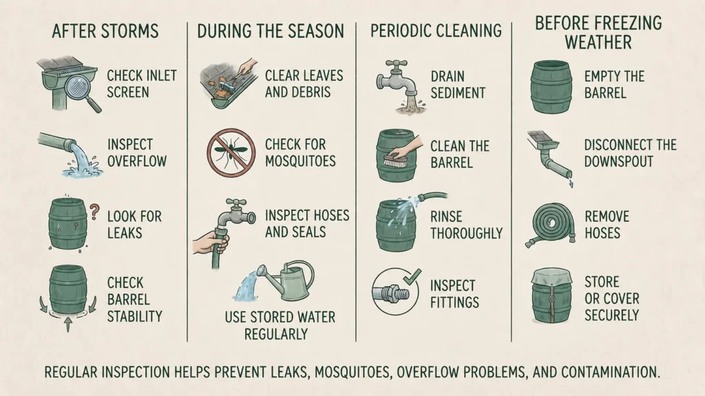 Illustrated checklist for seasonal rain barrel inspection cleaning and winter preparation