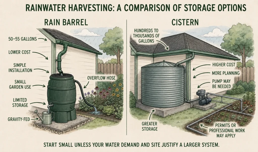 Illustration comparing a small residential rain barrel with a larger rainwater cistern