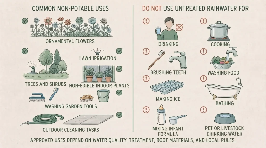 Illustration comparing common non-potable uses of collected rainwater with uses requiring treatment
